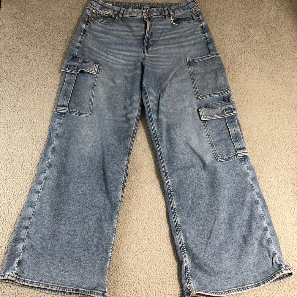 American Eagle Jeans Women 16 Cargo Blue Curvy Wide Leg Baggy High Rise Stretch